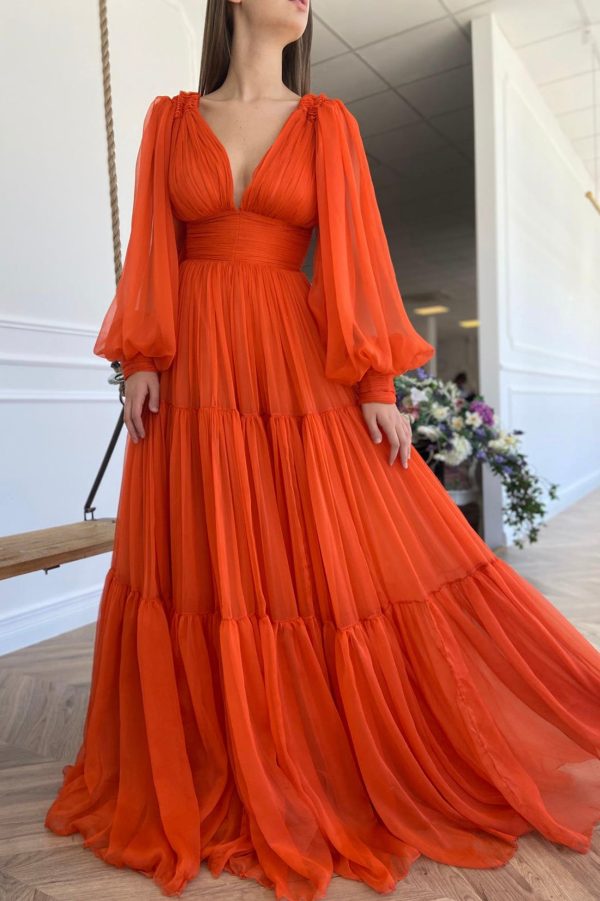 A-Line Chiffon Long Sleeve Prom Dress, Orange V-Neck Evening Dress