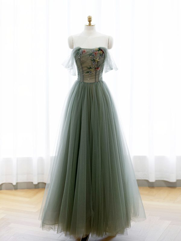 A-Line Green Tulle Long Prom Dress, Off the Shoulder Evening Party Dress