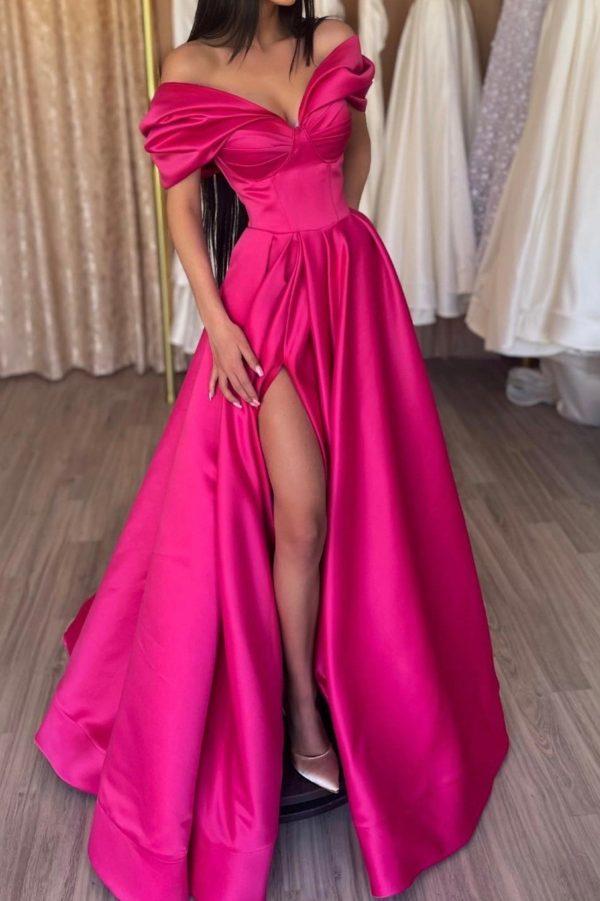 A-Line Satin Spalit Long Prom Dress, Off the Shoulder Evening Dress