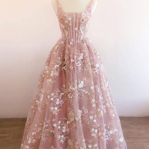 Retro A Line Square Neck Blush Corset Prom Dress with Embroidery