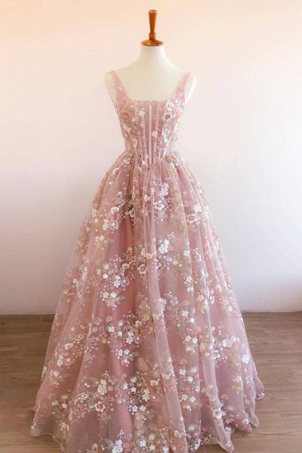 Retro A Line Square Neck Blush Corset Prom Dress with Embroidery