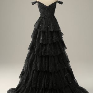 A Line Off the Shoulder Black Corset Prom Dress with Lace Ruffles