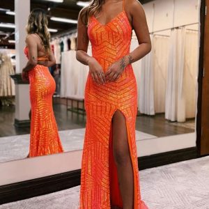 Sheath Spaghetti Straps Orange Sequins Long Prom Dress with Criss Cross Back