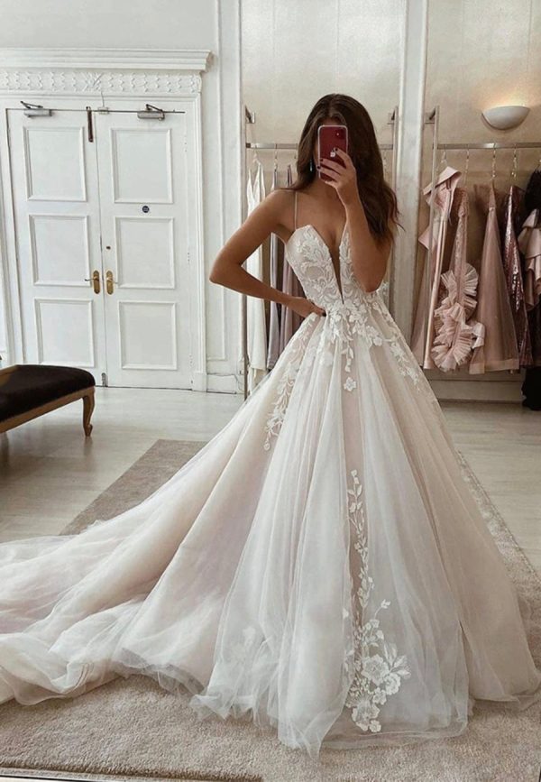 A-Line Spaghetti Lace Long Prom Dresses, Formal Evening Dresses